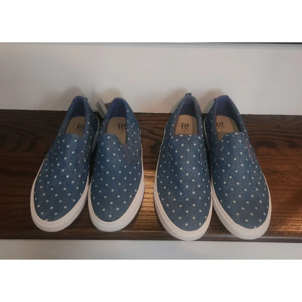 NEW 2 Pairs GAP Kids Girls Slip-on Sneakers Blue Denim Polka Dot Print-5 & 3